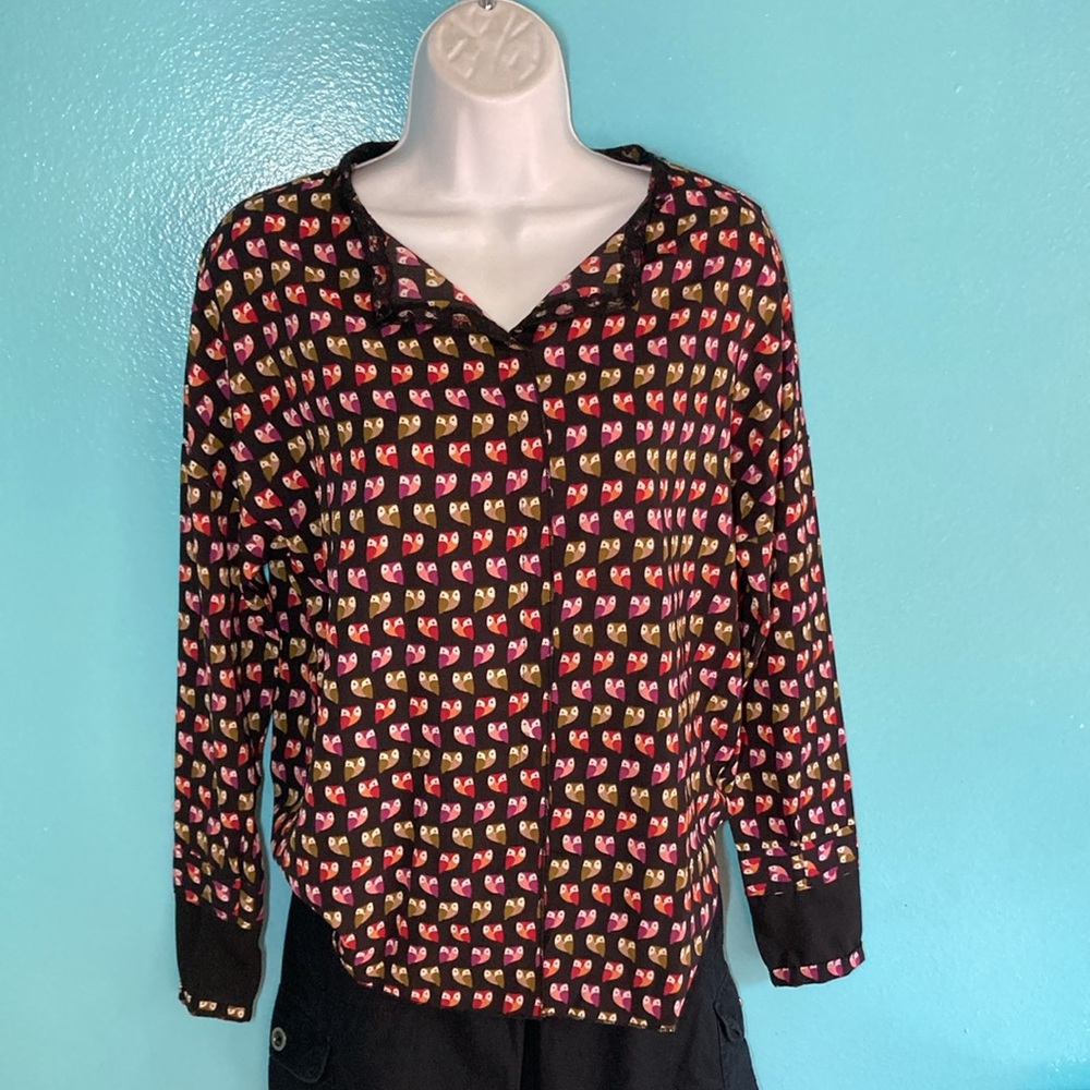 Womens Blouse Size S Long Sleeve Owl Print I Madeline Pullover Lace Accents